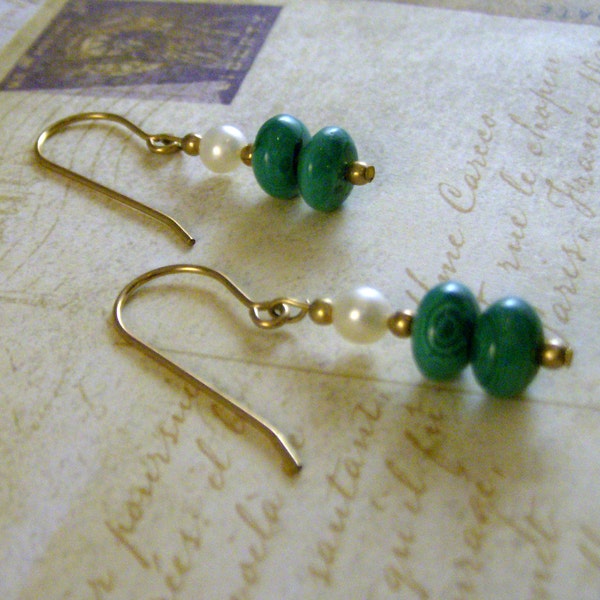 Genuine Malachite and Natural Freshwater Pearl Earrings, 14k Gold Fill