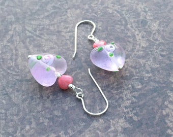 Pink Lampworked Glass Heart Earrings with Czech Glass hearts and Sterling Silver