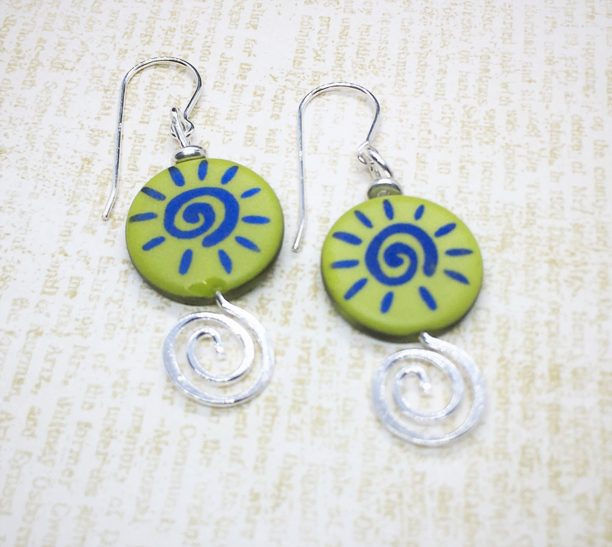 Czech Glass Earrings: Blue Swirl, Wasabi Green & Sterling Silver