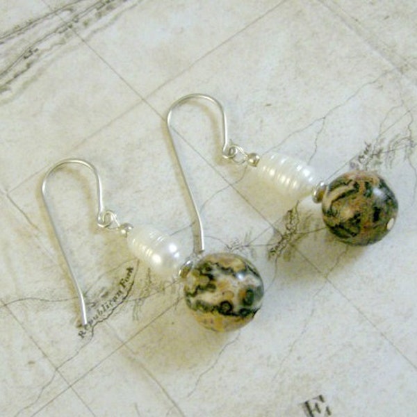 Price Reduced! Leopardskin Jasper and Freshwater Pearl Earrings with Sterling Silver