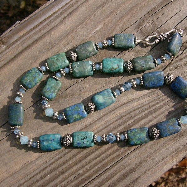 Azurite Chrysocolla Necklace with Swarovski Crystal* and Bali Sterling Silver