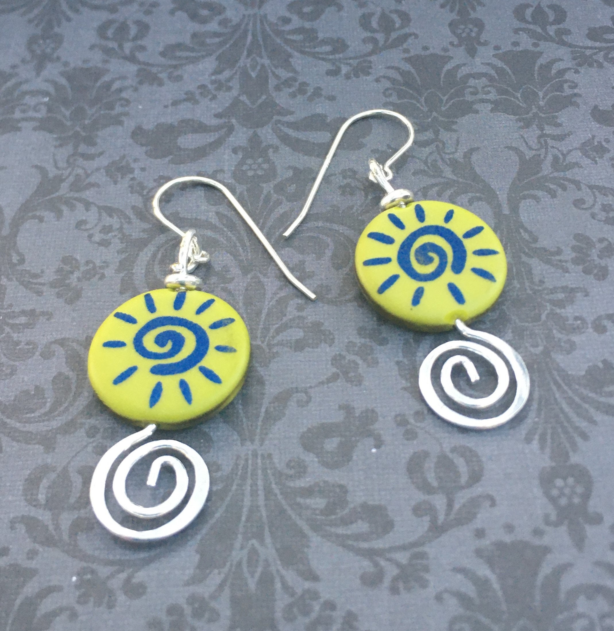 Czech Glass Earrings: Blue Swirl, Wasabi Green & Sterling Silver