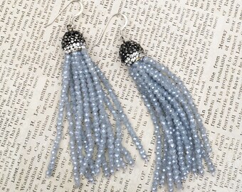 Pave and Crystal Long Tassled Earrings with Sterling Silver