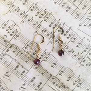 May include: A pair of gold earrings with small, round, dark purple gemstones hanging from the bottom.