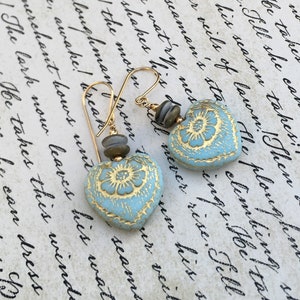 Czech Pressed Glass Heart Earrings in Green with 14k Goldfill