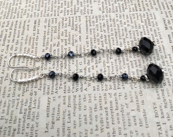 Long Black Crystal beaded Earrings for the Red Carpet - Sterling Silver Ear Wires