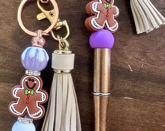 purple silicone bead pen and keychain