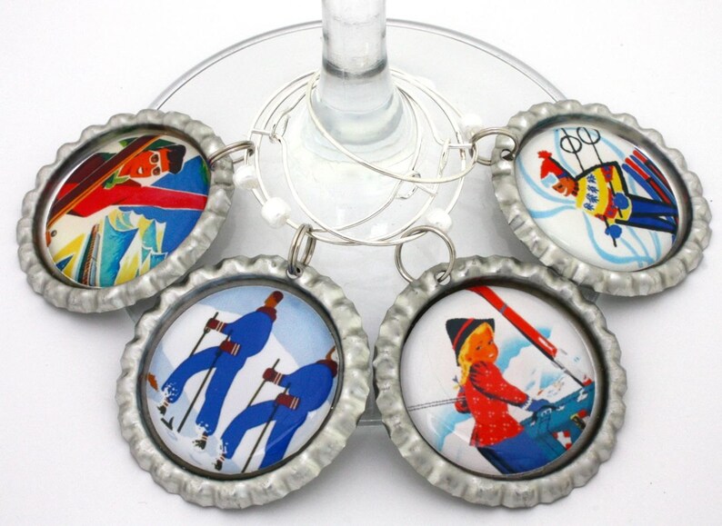 Ski wine charms vintage snow ski party favors winter hostess Etsy