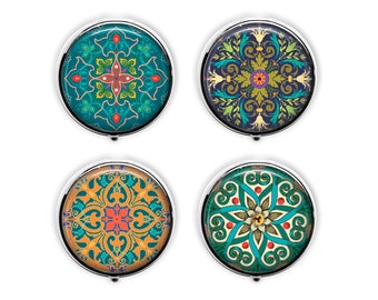Moroccan design pill box, exotic mandala pill case, kaleidoscope stash box, travel earring trinket box .