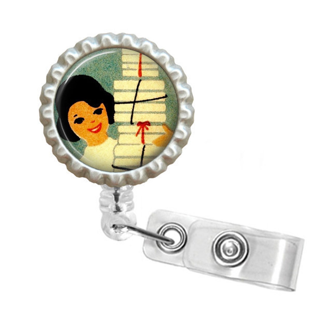Librarian Badge Reel, Retro Lady With Books, Badge ID Holder