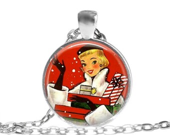 Retro Christmas necklace girlfriend gift for friend vintage Christmas jewelry lady with packages pendant.
