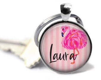 Flamingo keychain-4 styles-personalized name keyring-custom pink flamingo sorority gift-preppy stripe beach key chain-gift for her (AN)