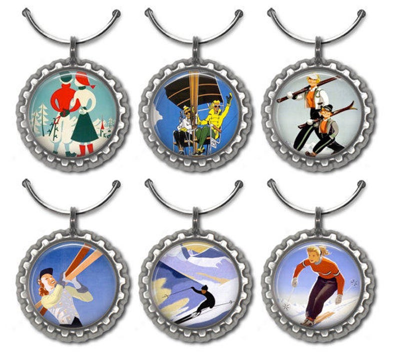 Ski wine charms vintage snow ski party favors winter hostess Etsy