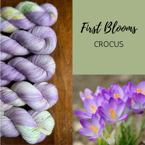 Hand Dyed Yarn: First Blooms - Crocus, Purple yellow green merino nylon yarn, fingering, dk, worsted yarn indie dyed