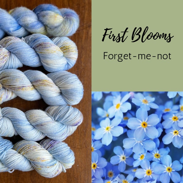 Hand Dyed Yarn: First Blooms - Forget-me-not, Blue Purple Yellow merino nylon yarn, fingering, dk, worsted yarn indie dyed