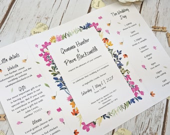 Invitaciones de boda Boho Wildflower Gatefold, vegetación, banda para el vientre, boda ecológica, rústica, campestre, hecha a mano, elegante, moderna
