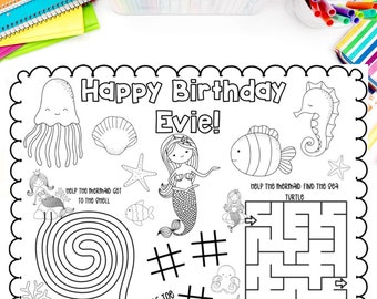 Personalized MERMAID Birthday Placemat // Coloring Sheet DIGITAL Download, Party Favor