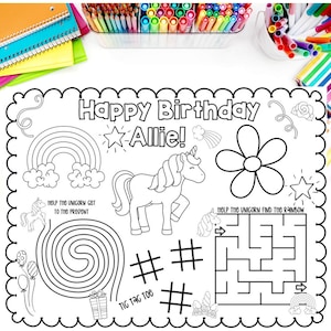 Personalized UNICORN Birthday Placemat // Coloring Sheet DIGITAL Download, Party Favor