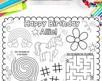 Personalized UNICORN Birthday Placemat // Coloring Sheet DIGITAL Download, Party Favor