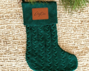 Cable Knit Personalized Christmas Stocking, Leather Patch Christmas Stockings, Christmas Farmhouse Stockings, Family Christmas Stockings