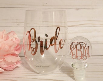 Bride Stemless Wine Glass, Wine Lover Gift, Rose Gold Stemless Glass, Wine Stopper, Stemless Wine Glass, Rose Gold, Acrylic Wine Glass