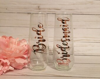 Rose Gold Bridesmaid Gift, Personalized Stemless Champagne Flute, Bridesmaid Champagne Flute, Stemless Champagne Glass, Rose Gold