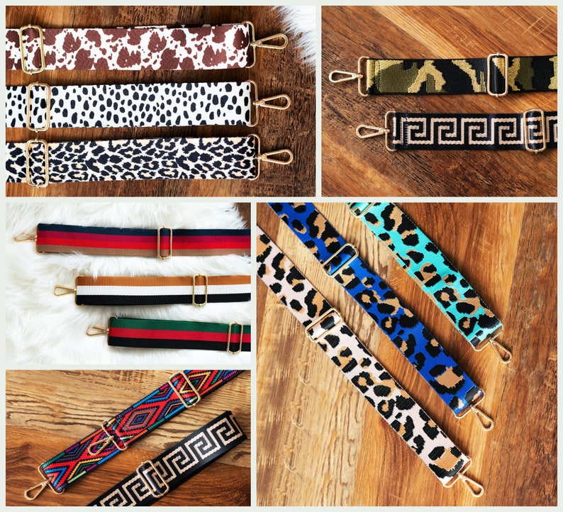 May include: Assortment of colorful and patterned adjustable straps for bags. The straps feature various designs, including animal prints, geometric patterns, and stripes. The straps are made of durable fabric and have gold-toned metal hardware.