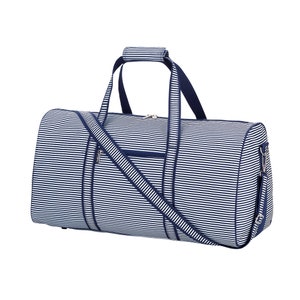 May include: A striped navy blue and white duffel bag with a top handle and a shoulder strap. The bag has a zippered pocket on the front.