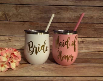 Stainless Steel Cup, Bridesmaid Gift, Stemless Stainless Wine glass, Personalized Wine Glass, Monogrammed Cup with Straw, Insulated Wine