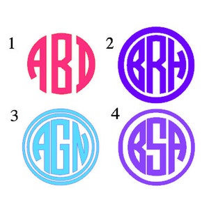 May include: Four monogrammed circles with different initials and colors. The circles are numbered 1 through 4. Circle 1 is pink with the initials "ABD". Circle 2 is purple with the initials "BRH". Circle 3 is light blue with the initials "AGN". Circle 4 is purple with the initials "BSA".