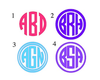 May include: Four monogrammed circles with different initials and colors. The circles are numbered 1 through 4. Circle 1 is pink with the initials "ABD". Circle 2 is purple with the initials "BRH". Circle 3 is light blue with the initials "AGN". Circle 4 is purple with the initials "BSA".