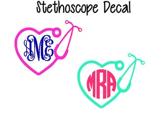 May include: Two stethoscope decals, one pink with the monogram "ME" and one turquoise with the monogram "MRA".