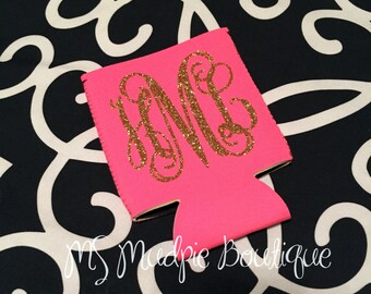 Glitter Monogram Can Cooler, Vine Monogram Can Holder, Glitter Vine Monogram Can Holder, Beverage Insulator