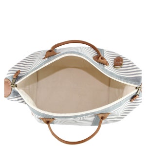 Pu&ograve; includere: Una borsa da viaggio a righe con manici in pelle marrone e chiusure a zip. La borsa &egrave; aperta e l'interno &egrave; bianco.