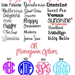 May include: A list of font names for a boutique, including Cutie Patootie, Gardenia, Clementine, Ballerina, Great Vibes, Sweet Pea, Delightful, Inspiration, Curlz, Happy, Giggles, Strawberry, Feel Script, Modern, Lavanderia, Jenna Sue, Venus, Sunshine, Sweetheart, Mandingo, and Lilly Belle.  The list is followed by the text "OR" and "Monogram Options" with four monogram examples labeled M1, M2, M3, and M4.