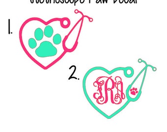 May include: Two stethoscope paw decals. The first decal is pink with a teal paw print inside a heart shape. The second decal is teal with a monogram inside a heart shape.