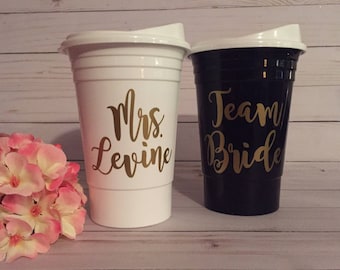 Personalized Party Cups, Monogrammed Party Cups, Bridesmaid Cups, 16 oz Cups, Party Cup with Lid, Reusable Cup, Team Bride Cup