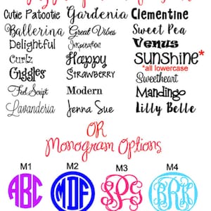 May include: A list of font names for a boutique, including Cutie Patootie, Gardenia, Clementine, Ballerina, Great Vibes, Sweet Pea, Delightful, Inspiration, Curlz, Happy, Giggles, Strawberry, Feel Script, Modern, Lavanderia, Jenna Sue, Venus, Sunshine, Sweetheart, Mandingo, and Lilly Belle.  The list is followed by the text "OR" and "Monogram Options" with four monogram examples labeled M1, M2, M3, and M4.