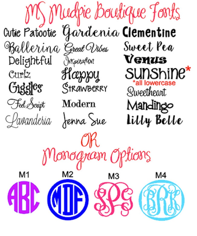 May include: A list of font names for a boutique, including Cutie Patootie, Gardenia, Clementine, Ballerina, Great Vibes, Sweet Pea, Delightful, Inspiration, Curlz, Happy, Giggles, Strawberry, Feel Script, Modern, Lavanderia, Jenna Sue, Venus, Sunshine, Sweetheart, Mandingo, and Lilly Belle.  The list is followed by the text "OR" and "Monogram Options" with four monogram examples labeled M1, M2, M3, and M4.