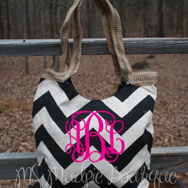 Monogrammed Black Chevron Woven Canvas Bag