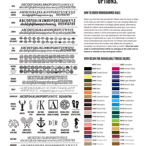Pu&ograve; includere: Un grafico con diversi stili di monogramma e opzioni di colore del filo per le borse. Il grafico include una variet&agrave; di stili di font, tra cui Arial, Cooper e New Times. Le opzioni di colore del filo includono bianco, nero, ciottoli, giallo, ocra, noce, corteccia, argilla, crema al caramello, cannella, mogano, rosa ruggine, lino naturale, mora, nebbia grigia, corsaggio, cardinale, rosso rio, blu ardesia, rosa cipria, tramiou, dorato, zaffiro, garofano, rosa da giardino, blu iris, crepuscolo, blu chiaro, blu elettrico, blu navy, blu bambino, blu cielo, blu cristallo, turchese, baccarat, sempreverde, trifoglio, verde smeraldo, cappero, oro di Las Vegas, oliva, mirtillo, champagne, chicco di caff&egrave;, verde brillante e lime.