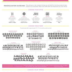 May include: A guide to personalization options for embroidered items.  The guide includes a variety of font styles, monogram styles, and thread colors.  The text includes the words "Choose Your Style", "Choose Your Font", "Master Circle", "Circle", "Vine", "Classic", "Single Classic", "Party Time", "Etiquette", "Tipsy", "Text Guidelines", and "Choose Your Thread".