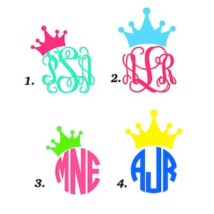 May include: Four different monogram designs with crowns. The first design is teal with a pink crown and the letters "SSI". The second design is pink with a light blue crown and the letters "LR". The third design is pink with a green crown and the letters "MNE". The fourth design is blue with a yellow crown and the letters "AJR".