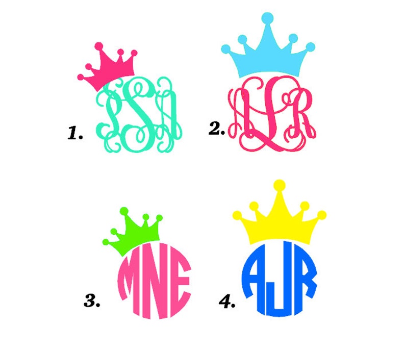 May include: Four different monogram designs with crowns. The first design is teal with a pink crown and the letters "SSI". The second design is pink with a light blue crown and the letters "LR". The third design is pink with a green crown and the letters "MNE". The fourth design is blue with a yellow crown and the letters "AJR".