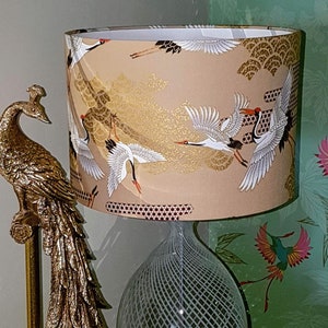 Oriental Lampshade Authentic Japanese Print Heron Birds Crane Birds Cream Gold 20cm 30cm Drum Lampshade Modern Contemporary (Free UK Post)