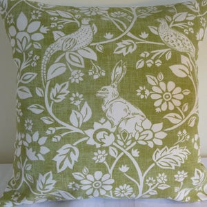 Designer Cushion Cover Handmade 16" country cottage iLiv heathland sage green rabbits hygge bolster pillow retro modern
