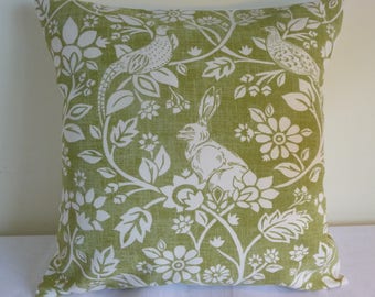 Designer Cushion Cover Handmade 16" country cottage iLiv heathland sage green rabbits hygge bolster pillow retro modern (UK free post)