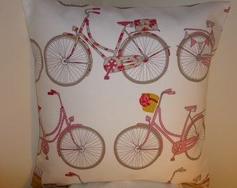 Designer Handmade Cotton fabric bike pillow cushion slip cover bolster sham sleeve pillow case size 16" bike bicycle quirky pink red white