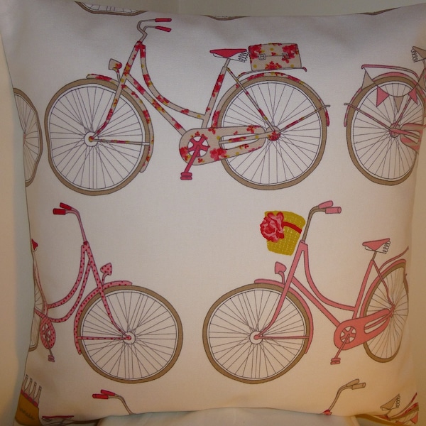 Designer Handmade Cotton fabric bike pillow cushion slip cover bolster sham sleeve pillow case size 16" bike bicycle quirky pink red white