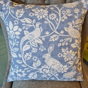 Designer Cushion Cover Handmade 16" country cottage heathland  blue rabbits pheasant countryside woodland farm pillow modern